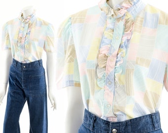 Victorian Rainbow Pastel Blouse,High Neck Blouse,Vintage Prairie Blouse,Blue Button Down Top,Vintage Oxford Top,Lolita Tuxedo Blouse,Ruffle