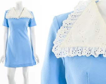 60s Eyelet Peter Pan Collar Blue Babydoll Dress