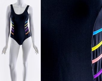 Rainbow Colorblock One Piece Swimsuit,Neon Rainbow High Cut Bathing Suit,Vintage Black Swimsuit,Low Cut Back,Iconic 80s Style Swimsuit,