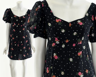 Puffy Shoulder Mini Dress,Floral BabyDoll Dress,
