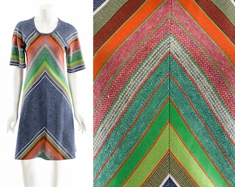 Rainbow Chevron Dress,Rainbow Denim Knit Dress,Multicolored Indigo Chambray Dress,60's Rainbow Dress,Multicolored Bright Dress,Modest Dress