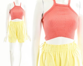 yellow gauze gathered shorts, cotton shorts, vintage shorts, elastic shorts, high waisted shorts, comfy shorts, 90s