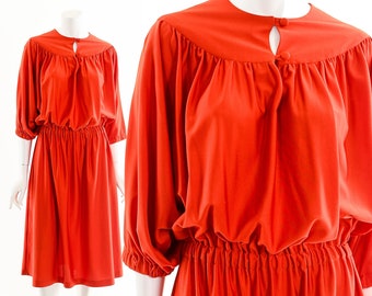 Red Midi Dress,Balloon Sleeve Dress,Red Smocked Dress,Bohemian Peasant Dress,Studio 54 Dress,9 to 5 Dress,70s Red Dress,Red Poet Dress,