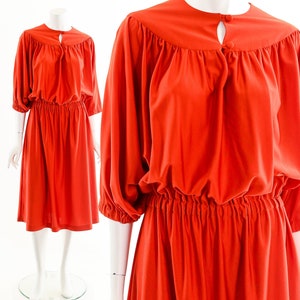 Red Midi Dress,Balloon Sleeve Dress,Red Smocked Dress,Bohemian Peasant Dress,Studio 54 Dress,9 to 5 Dress,70s Red Dress,Red Poet Dress,