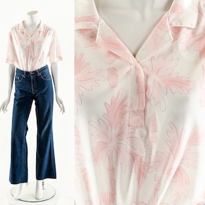 Pink Palm Tree Tee,Vintage Palm Tree Blouse,Resort Beach Top,Vintage Aloha Shirt,Novelty Palm Tree,Palm Tree Print,Tropical Sun Shirt,Fun