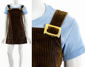 60&#39;s Chocolate Brown Corduroy Jumper Mini Dress