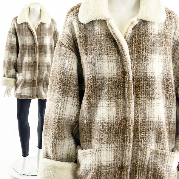 Checkered Teddy Coat,Vintage 90s Tartan Teddy Bear Jacket,Beige White Plaid Coat,Fuzzy Shag Coat,Vintage Duster Coat,Fuzzy Winter Jacket,M L