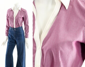 Menswear Inspired Blouse,Purple Pinstripe Blouse,Vintage Cotton Oxford,Oxford Button Down,Tailored Cottonh Top,00s Cotton Blouse,Classic XS