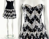 Jessic McClintock Dress,Jessica McClintock Gunne Sax Dress,80s Sequin Dress,Black and White Dress,Mini Dress,Strapless Dress,Party Dress