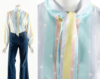 PASTEL RAINBOW Blouse,Striped Polka Dot Top,Vintage Ascot Secretary Blouse,Vintage Bow Tie Blouse,Pussy Bow Blouse,Kawaii Lolita Top,Billowy