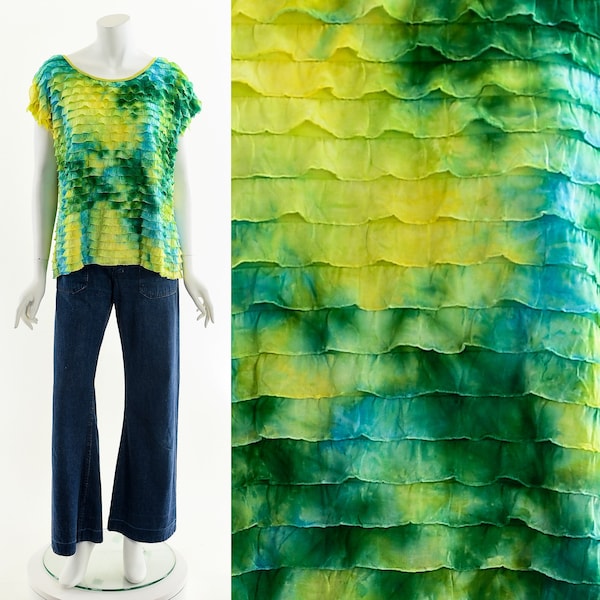 Y2K Tie Dye Ruffle Top,Vintage Tiered Layered Top,90s Rave Top,00's Club Kid Raver Top,Green Yellow Vibrant Blouse,Stretchy Lace Top,Ombre