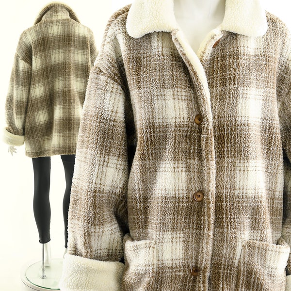 Checkered Teddy Coat,Vintage 90s Tartan Teddy Bear Jacket,Fuzzy Plaid Coat,Shag Coat Shacket ,Vintage Duster Coat,Fuzzy Winter Jacket,M L