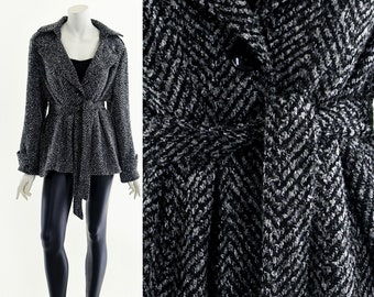 Gray Herringbone Wrap Coat,Vintage Tweed Jacket,Wool Boucle Coat,Feminine Wool Coat,Menswear Inspired Coat,Vintage Wool Coat,Dramatic Collar