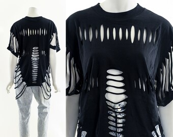 80s rock band shirt,Slashed Black Tee,Vintage Black T-Shirt,80s Ripped Tshirt,Workout Gym Tshirt,Sexy Gym Shirt,Dance Shirt,80s Party Shirt
