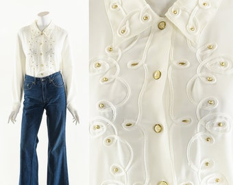 Mariachi Inspired Blouse,White Chiffon Blouse,Button Down Blouse,80s Mexicana Blouse,Classic White Blouse,Vintage Cream Top,French Curated