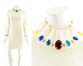 Jewel Knit Dress,White Bodycon Dress,Turtleneck Mini Dress,Knit White Dress,Vintage White Dress,Jewel Encrusted Dress,90s 80s Dress,Tunic