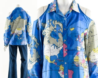 World Map Blouse,Cold Shoulder Vintage Map Shirt,Vintage Map Print Oxford,Shoulder Cutout Top,Rare Map Blouse,Vintage World Globe Shirt