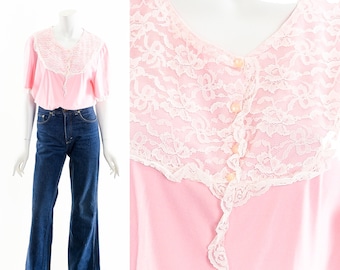 Pink Lace Collar Puff Sleeve Blouse