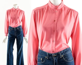 High Neck Blouse,Raspberry Pink Blouse,Victorian Inspired Top,Mock Neck Button Up,Vintage Pink Blouse,Feminine Button Up Top,Tailored Shirt