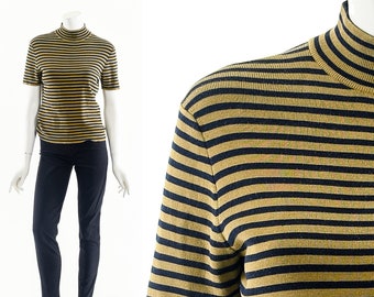 Silk Striped Knit Top,Gold Black Turtleneck,90s Mock Neck Sweater,Short Sleeve Turtleneck,Vintage 90s Knit Top,Stripe Silk Top,Minimalist