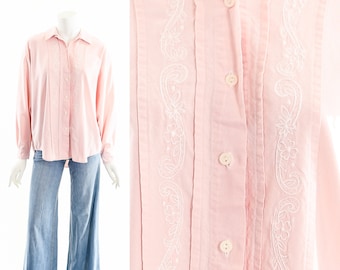 Baby Pink Oversized Button Down Shirt,Embroidered Paisley Blouse,Floral Embroidery Button Down,Tuxedo Inspired Shirt,Menswear Inspired,relax