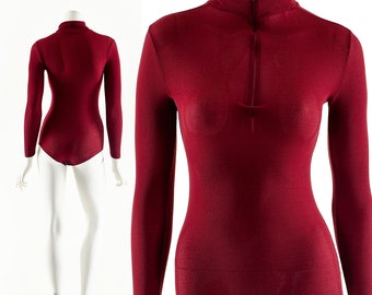70's Dark Red Bodysuit,Long Sleeve Collared Bodysuit,Sexy Red Bodysuit,Bianca Jagger Style,Studio 54 Dancewear,MockNeck,Unitard Leotard ONe
