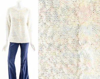 White Cable Knit Sweater, Puff Shoulder Textured Nubby Knit Top