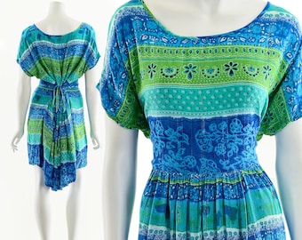 Blue Babydoll Dress,Vintage 90's Baby Doll Dress,Blue Green Rayon Dress,90s Grunge Dress,Crinkle Gauze Dress,India Cotton Dress,Comfy Summer