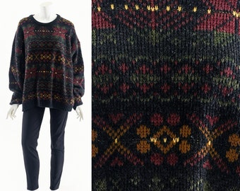 Dark Fair Isle Sweater, 80s Cozy Aesthetic Sweater, Dark Academia
