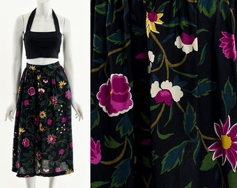 Floral Midi Skirt,80s Does 50s Skirt,Flower Rayon Skirt,Black Gauze Skirt,High Waist Skirt,Comfy Flowy Skirt,Bohemian Flower Skirt,Cotton