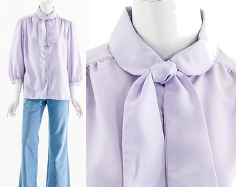 Lavender Purple Neck Bowtie Balloon Sleeve Blouse