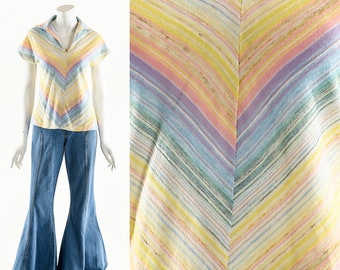 Pastel Rainbow Blouse,Vintage 60s Rainbow Top,Spacedye Rainbow Knit Top,60s Boho Multicolored Top,Bright Cheery Blouse,70s Hippie Top,Kawaii