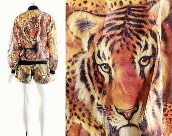 Eye of the Tiger Vintage Tyvek Bomber Jacket,Tiger Cat Tyvek Two Piece Set,Vintage Unisex Set,Dupont Cheetah Jacket,Cheetah Cat Bomber, M, L