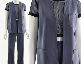 70's Two Piece Suit,Gray Knit Jumpsuit,Vintage Bell bottoms,Tunic Vest Suit Set,Vintage 70's Jumpsuit,Bell bottoms Studio 54,Biance Jagger