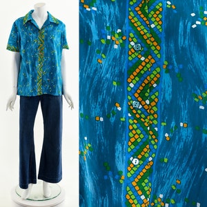 Hippie Abstract Blouse,Teal Geometric Top,Vintage Alex Coleman,Iconic Hippie Blouse,60s Vintage Top,Mid Century Hippie Look,Teal Green Top,M