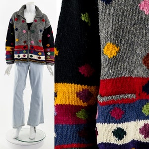 Cowichan Tribal Native Hand Knit Multicolored Wool Zip Up Sweater 70s