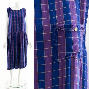 Rayon India Dress,Plaid Purple Midi Dress,Vintage Indian Dress,Checkered Square Pinafore Dress,Vintage Soft Rayon Dress,Apron Dress,Preppy image 1