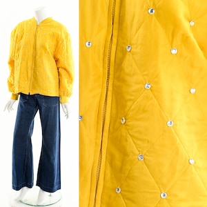 Silk Quilted Bomber,Bright Yellow Bomber Jacket,80s Silk Quilted Jacket,Vintage Quilt Coat,Rhinestone Quilt Coat,Oversized Silk Coat,80s