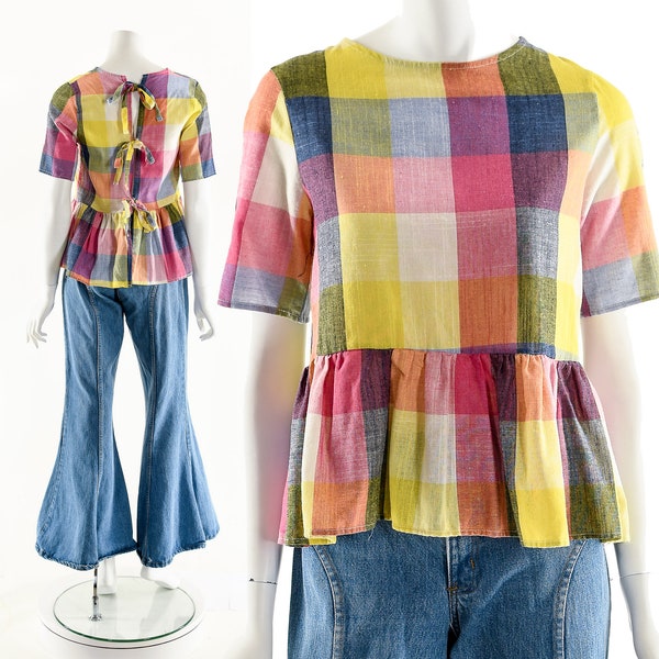 RAINBOW Apron Blouse,Plaid Madras Top,Multicolored Tie Back Blouse,RAINBOW BRIGHT Blouse,Rainbow Peplum Blouse,Sheer Gauze Top,India Gauze