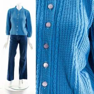 Blue 50s Cable Knit  Button Up Sweater