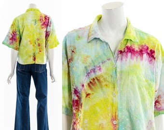 Tie Dye Green and Pink Cotton Button Up Shirt