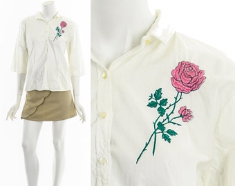 Rose Embroidered Cotton Half Sleeve Button Up Shirt