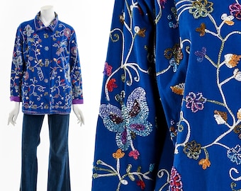 Blue Beaded Butterfly Embroidered Chore Coat