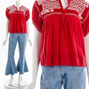 Red Hand Embroidered Peasant Blouse