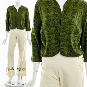 Green Woven Open Cropped Cardigan