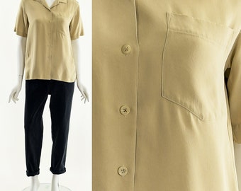 Minimalist Silk Blouse,Menswear Inspired Top,Tuxedo Inspired Blouse,Beige Utilitarian Blouse,Relaxed Button Down Top,Vintage 90's Oxford