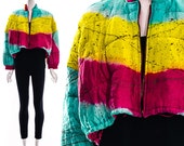 Winter jacket, puffer jacket, puffy jacket, ABSTRACT NEON Teal Yellow Magenta Dip Dyed Airbrush Gold Paint Splatter Quilted Bomber
