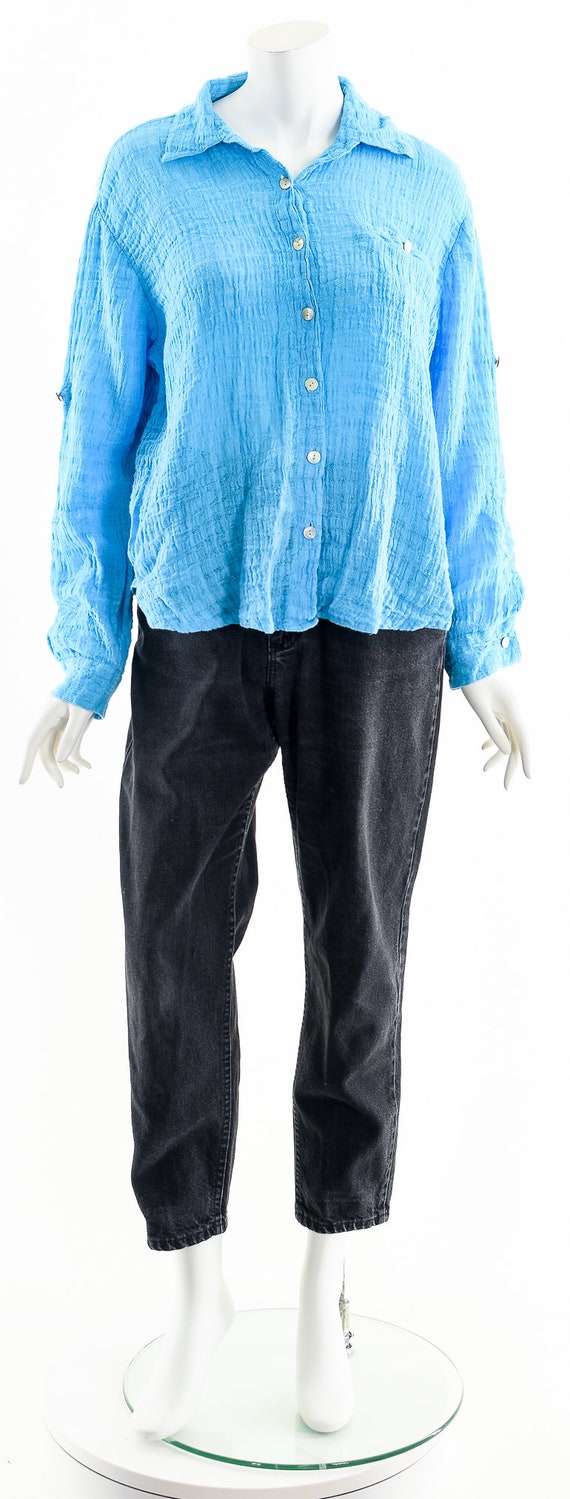 Aqua Blue Linen Button Down Blouse - image 4