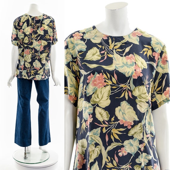 Hawaiian Floral Flower Silk Blouse Top - image 3