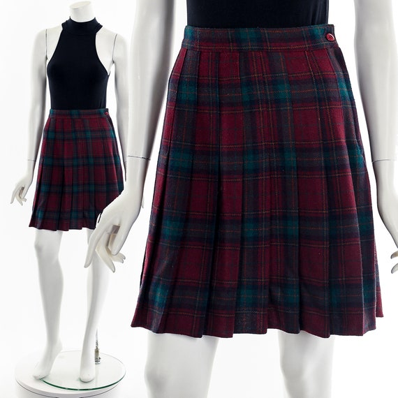 Red + Green Tartan Wool Pleated Skirt - image 1